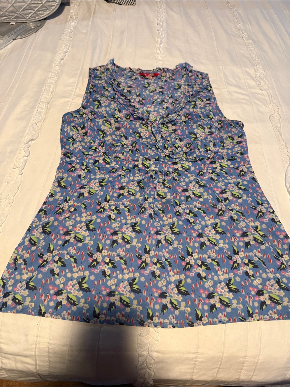 Boden Blue Floral Ruffle-Trim Sleeveless Camisole